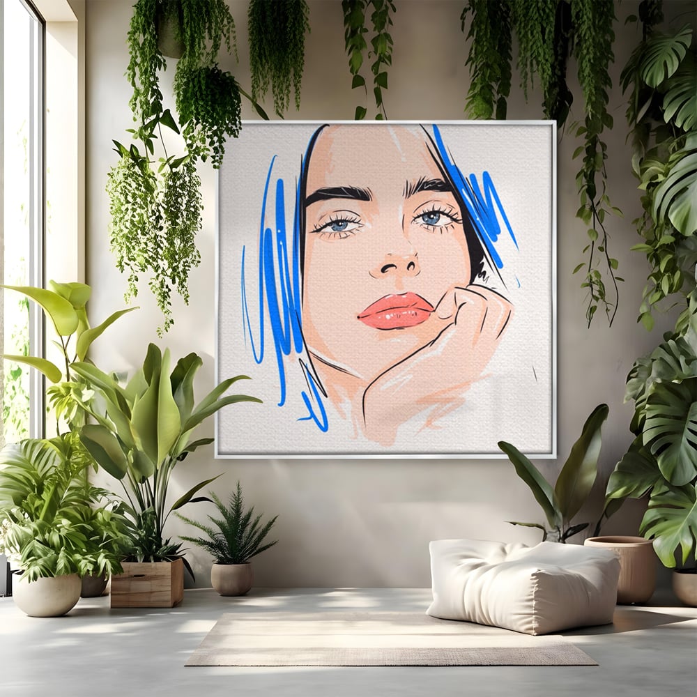 Tablou canvas cu ilustratie portret fata visatoare, in rama de aluminiu argintiu